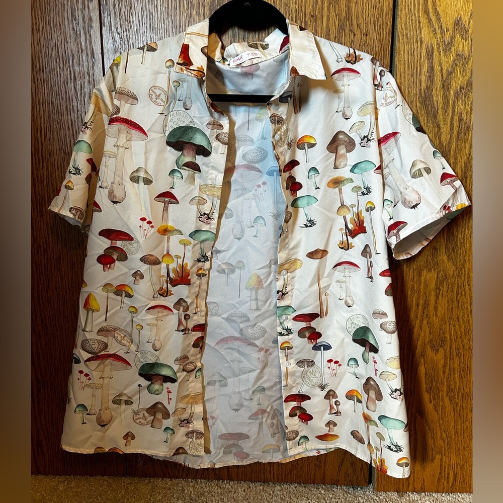 Cream button down shirt with mushrooms size large.